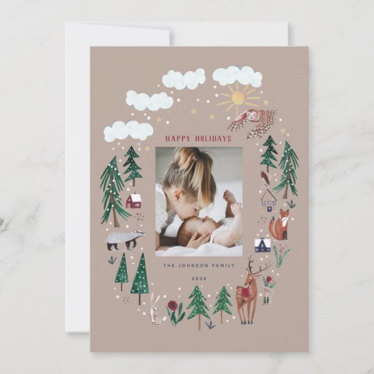 森林の北欧動物の雪クリスマス シーズンカード (正面)