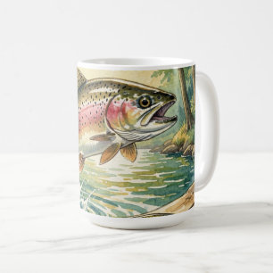 森林の小川の水彩画で躍るニジマス コーヒーマグカップ