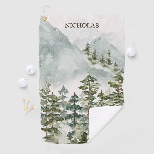 森林の山の水彩風景 ゴルフタオル (インサイチュ)