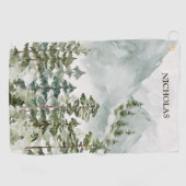 森林の山の水彩風景 ゴルフタオル (横)