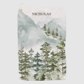 森林の山の水彩風景 ゴルフタオル (正面)