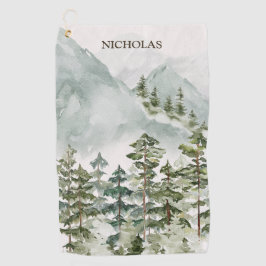 森林の山の水彩風景 ゴルフタオル