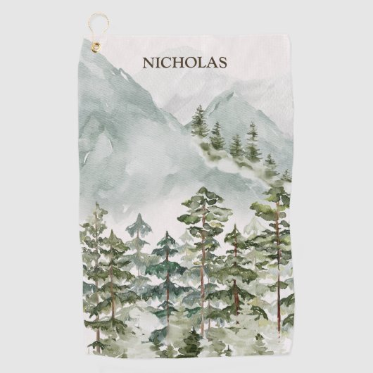 森林の山の水彩風景 ゴルフタオル (正面)