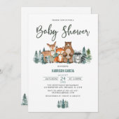 森林の山の緑の森の森の赤ちゃんシャワー 招待状 (正面/裏面)