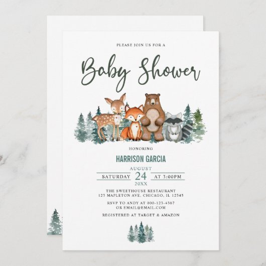 森林の山の緑の森の森の赤ちゃんシャワー 招待状 (正面/裏面)