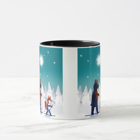 森林の星の下のかわいいくまおよびキツネのスキー マグカップ (中央)
