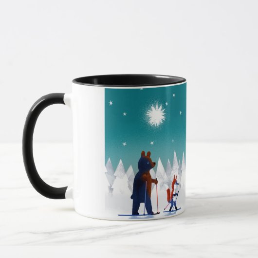 森林の星の下のかわいいくまおよびキツネのスキー マグカップ (左)
