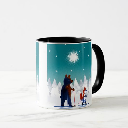 森林の星の下のかわいいくまおよびキツネのスキー マグカップ (正面右)