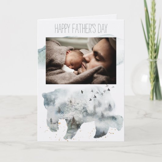 森林の松の父の日の熊と写真 カード (正面)