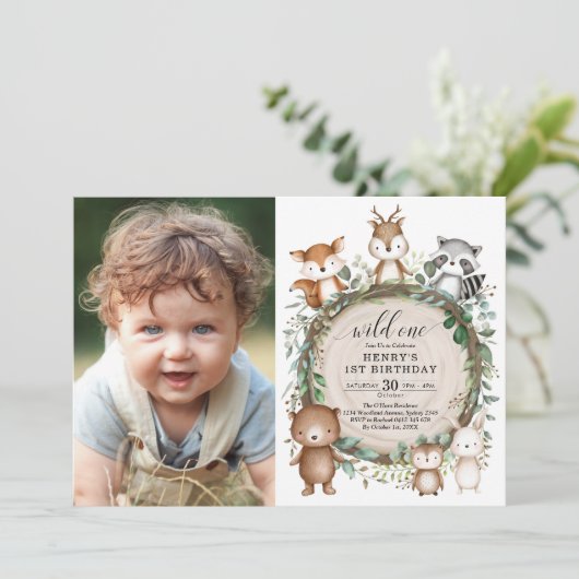 森林の森お洒落の動物野生の誕生日 招待状 (スタンド正面)