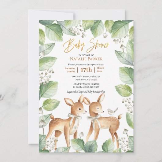 森林の森の鹿のフローラ緑の赤ちゃんシャワー 招待状 (正面)