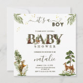 森林の森林の動物の緑の男の赤ちゃんシャワー 招待状 (正面)