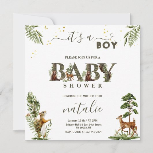 森林の森林の動物の緑の男の赤ちゃんシャワー 招待状 (正面)