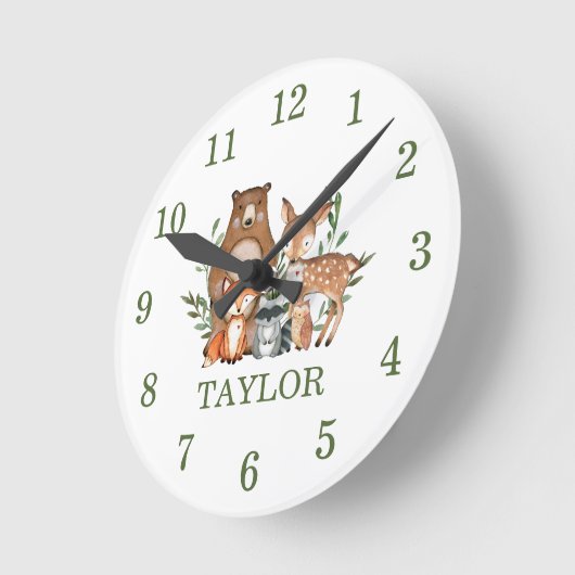 森林の森林の動物は鹿のキツネフクロウ数字 ラウンド壁時計 (傾斜)
