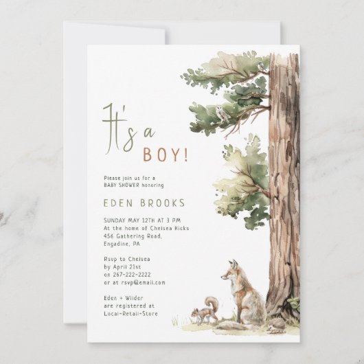 森林の森林動物 男の子だ！赤ちゃんシャワー 招待状 (正面)