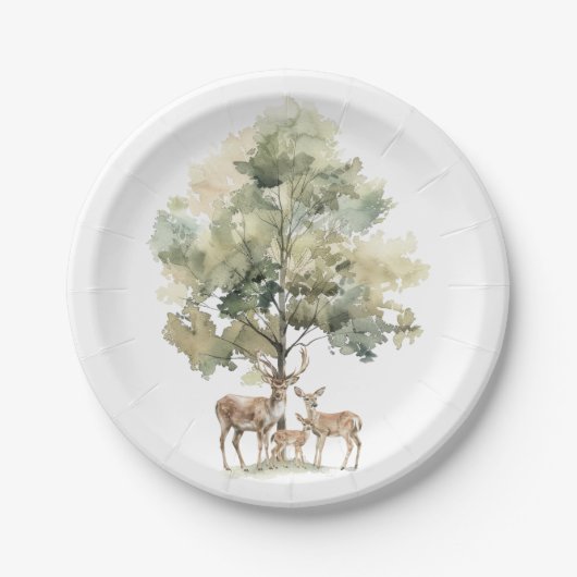 森林の森林動物 | 鹿ファミリー赤ちゃんシャワー ペーパープレート (正面)