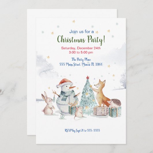 森林の水彩クリスマスツリーパーティの招待状 招待状 (正面/裏面)