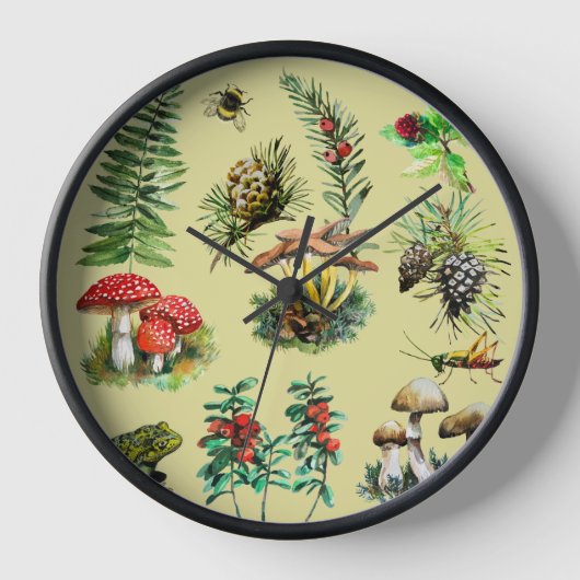 森林の生活、水の色絵を描、野生のキノコ 壁時計 (正面)