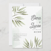 森林の緑の熱帯水葉色結婚の 招待状 (正面)
