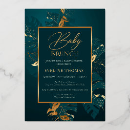 森林の葉緑の実在ベビーと金ゴールドフォイル 箔招待状