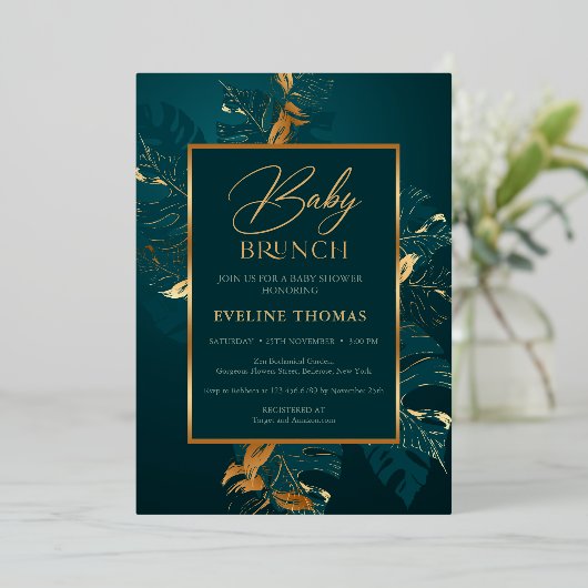 森林の葉緑の実在ベビーと金ゴールドフォイル 箔招待状 (立ち正面)