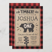 森林の誕生日パーティーにお子様を招待するための木こり風の誕生日招待状 招待状 (正面/裏面)
