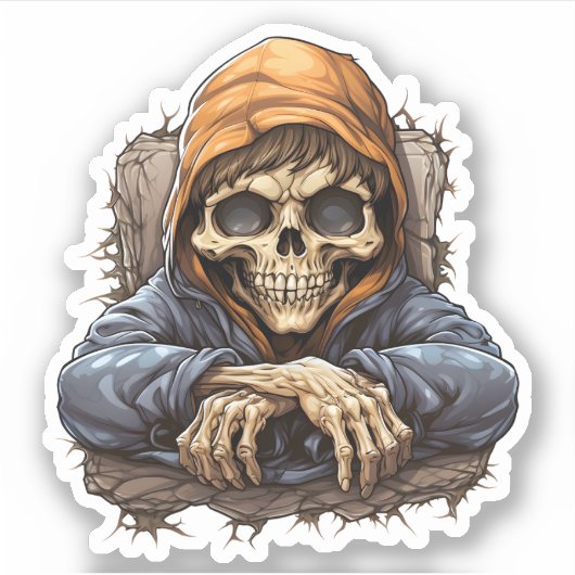 森林の骨格に座っている退屈なクール骸骨 シール (正面)