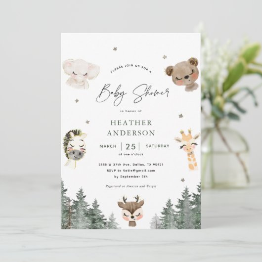森林ウッドランド動物ベビーシャワー招待状 招待状 (スタンド正面)