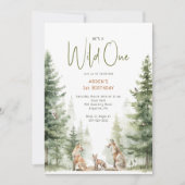 森林ウッドランド動物「ワイルドワン」子供の誕生日 招待状 (正面)