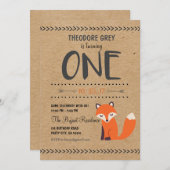 森林キツネのシェブロンの男の子の最初誕生日の招待 招待状 (正面/裏面)