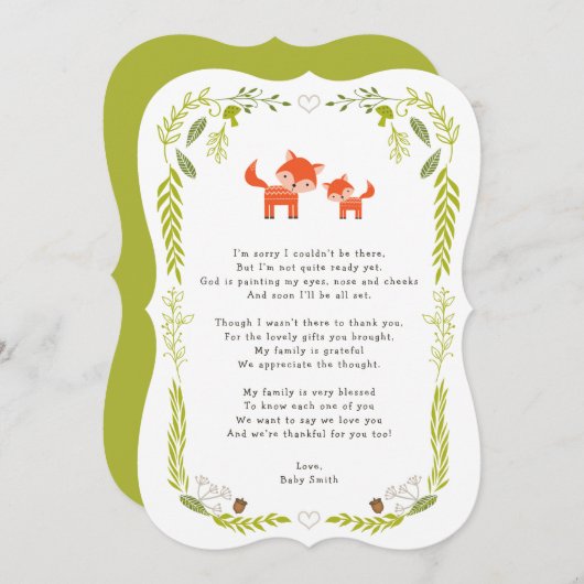 森林キツネのベビーシャワーは詩が付いているノート感謝していしています サンキューカード (正面/裏面)