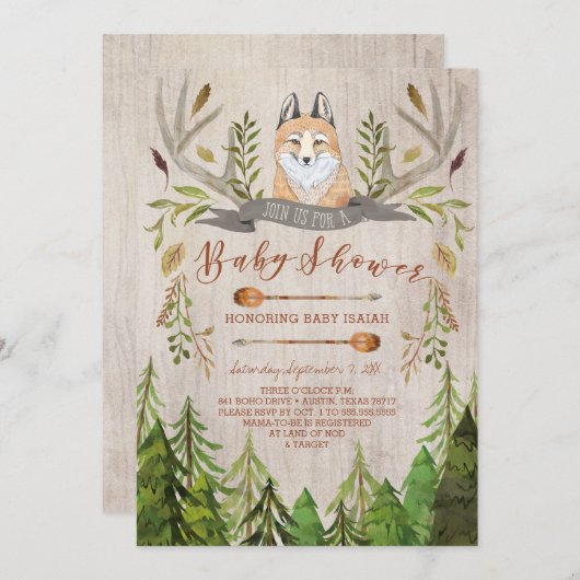 森林キツネの素朴なベビーシャワー招待状 招待状 (正面/裏面)