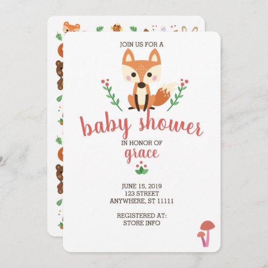 森林キツネ及び森林動物のベビーシャワーの招待 招待状 (正面/裏面)