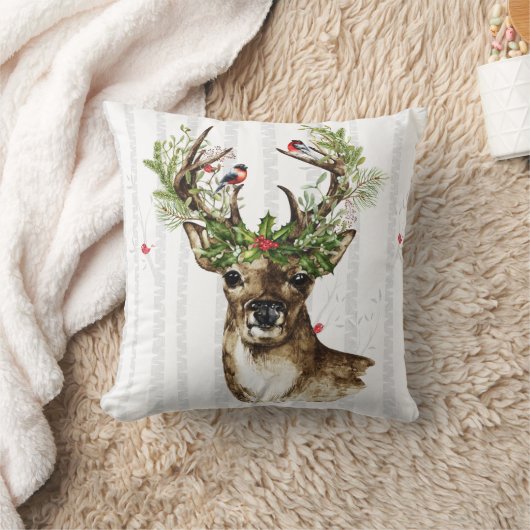 森林クリスマスのシカが付いている樺の木の森林 クッション (ブランケット)
