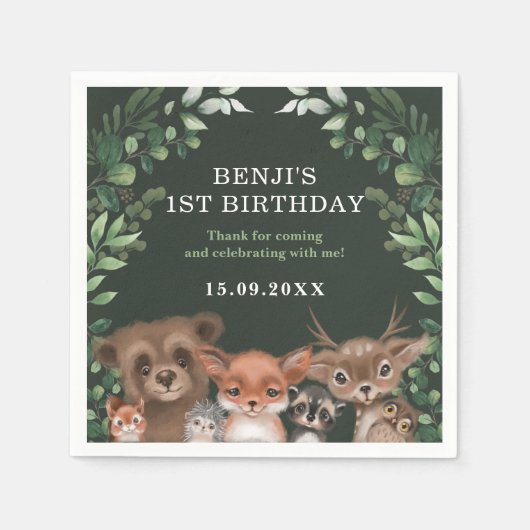 森林グリーンリーブウッドランドアニマルズワイルドワン誕生日 スタンダードカクテルナプキン (正面)