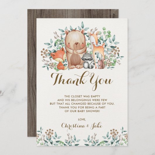 森林サンキューカードのベビーシャワーの誕生日 サンキューカード (正面/裏面)