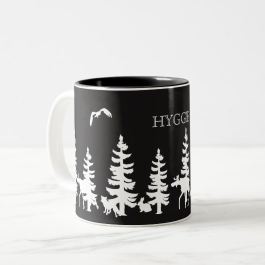 森林シルエット付きノルディックハイゲ白黒 ツートーンマグカップ (正面左)