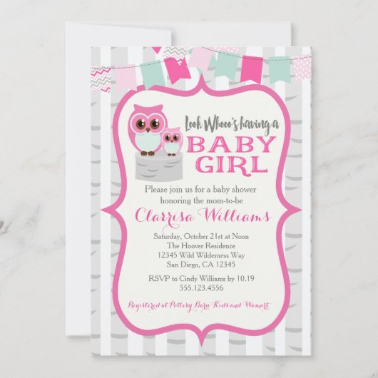 森林フクロウの女の赤ちゃんのシャワーの招待状 招待状 (正面)