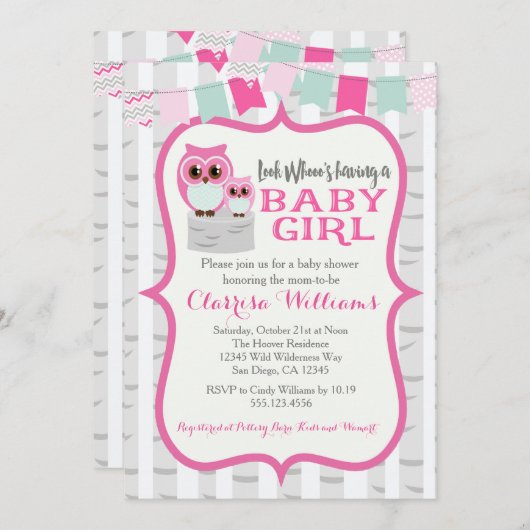 森林フクロウの女の赤ちゃんのシャワーの招待状 招待状 (正面/裏面)