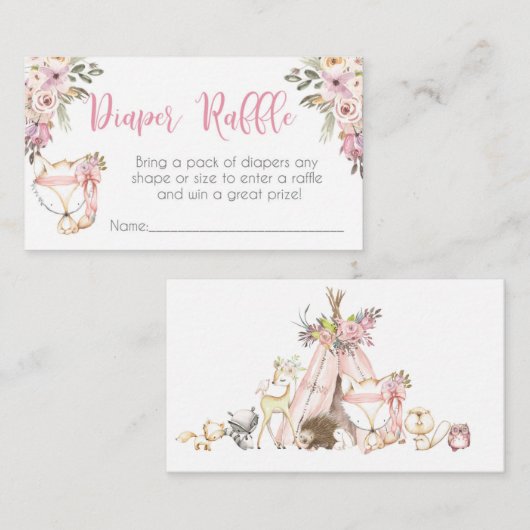 森林ベビーシャワーのおむつのラッフルカード エンクロージャーカード (正面/裏面)