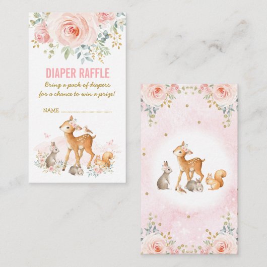 森林ベビーシャワーのピンクの花のおむつのラッフル エンクロージャーカード (正面/裏面)
