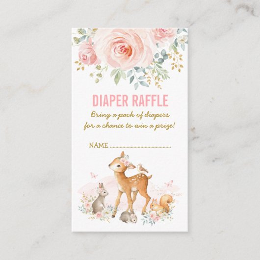 森林ベビーシャワーのピンクの花のおむつのラッフル エンクロージャーカード (正面)