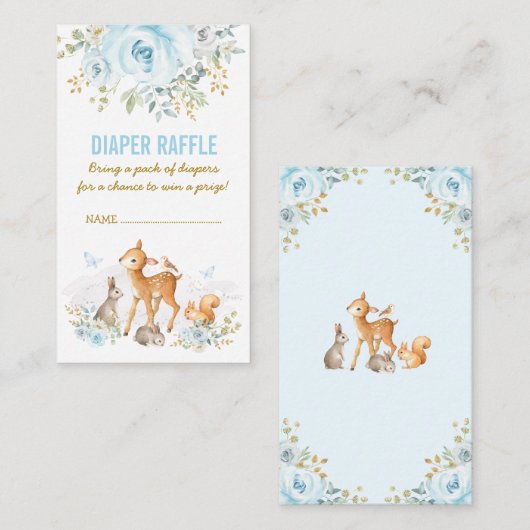 森林ベビーシャワーの青い花のおむつのラッフル エンクロージャーカード (正面/裏面)