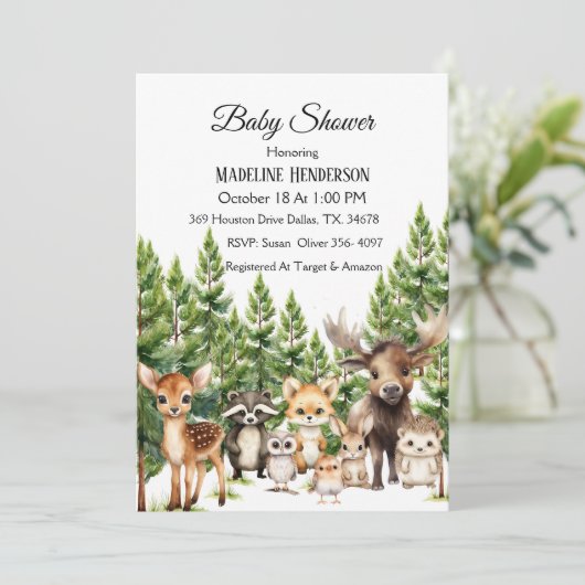 森林内の森林動物ベビーシャワー招待状 招待状 (スタンド正面)