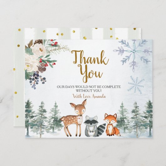 森林冬の動物の森の赤ちゃんシャワー サンキューカード (正面/裏面)