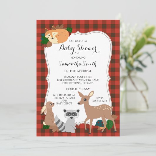 森林創造物のベビーシャワーのバッファローの格子縞 招待状 (スタンド正面)