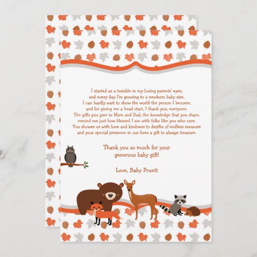 森林創造物のベビーシャワーはノートの詩感謝していしています サンキューカード (正面/裏面)