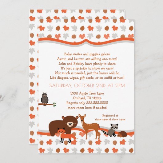 森林創造物の秋の中立ベビーは振りかけます 招待状 (正面/裏面)