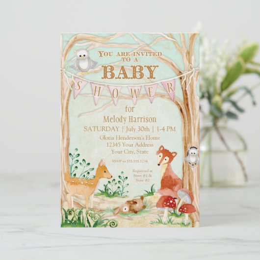 森林創造物動物のシカのキツネのウサギのフクロウの芸術 招待状 (スタンド正面)