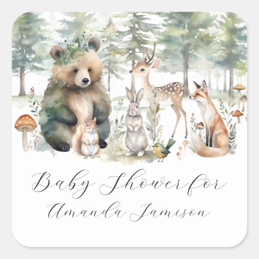 森林動物が鹿キノコかわいい赤ちゃんシャワー スクエアシール (正面)